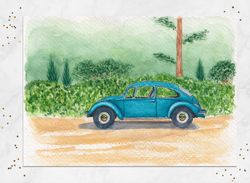 volkswagen beetle painting wall decor original blue beetle vw auto painting original watercolor painting 5x7"