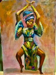 dancing african woman original painting art wall american lady ethnic dancing 8*11 inch