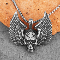 silver skull necklace. winged skull pendant. stainless steel men biker necklace. mens necklace. wings necklace. skullhel