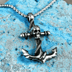 anchor with skull necklace, sailor skull necklace, pirate necklace, anchor jewelry, skull anchor men pendant, biker
