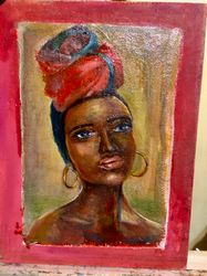 african american women lady portrait original oil painting on board wall art 8*11 in