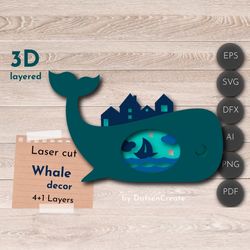 whale 3d layered decor, nursery laser cut file, lamp svg