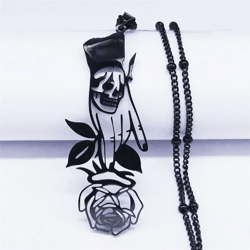 grim reaper with rose necklace. stainless steel skeleton hand pendant charm. gothic rose jewelry