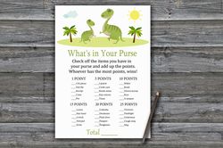 dinosaur what's in your purse game,dino themed baby shower games printable,fun baby shower activity,instant download-371