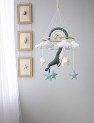 ocean nursery baby mobile-whale baby mobile-under the sea mobile-felt hanging baby mobile boy, rainbow and cloud mobile.