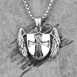 shield with cross necklace. archangel shield pendant necklace. shield with wings neckace crusade. necklace templars