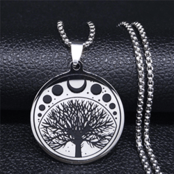 tree of life medallion stainless steel necklace, moon phases pendant necklace, tusk moon necklace, lunar necklace, lunar