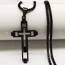 big cross necklace - stainless steel black cross pendant necklace - mens and womens necklace - biker necklace - punk
