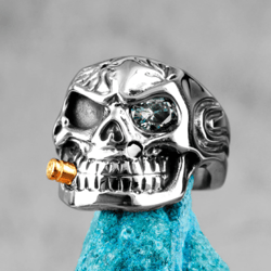 skull with bullet ring. stainless steel men signet ring. smoking bullet ring. punk, gothic, biker ring. skull signet.