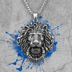 lion head necklace. stainless steel lion head pendant necklace. lion with ring necklace. wild lion steel necklace.