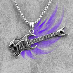 guitar necklace. stainless steel rock eletric guitar pendant necklace. guitar with skull necklace. rocker necklace. gift