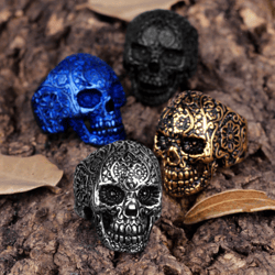 colored skull ring. patterned. stainless steel signet.