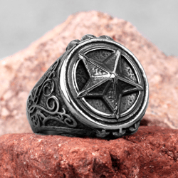 star pentagram signet. stainless steel ring. signet rings for men