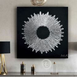 silver and black abstract painting silver sun original art textured artwork | living room decor above couch wall art