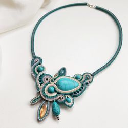 blue turquoise necklace, statement necklace, soutache embroidery