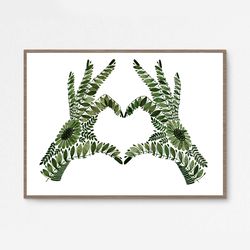 watercolor print love, green heart illustration