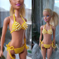 doll bikini, yellow polka dot bikini for 11.5 inch doll, beaded swim suit for doll, fashion doll bathing suit 1/6 scale