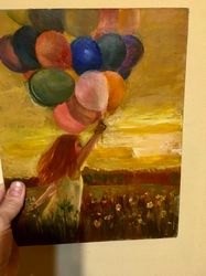 girl with balloons oil painting on board 10*8 inch art wall decor for the nursery