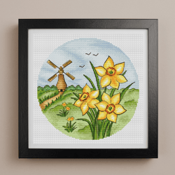 daffodils cross stitch pattern pdf, narcissus flowers, floral cross stitch, nature cross stitch, mill cross stitch