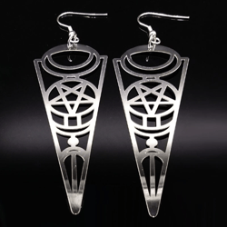 large pentagram pentacle drop earrings, pentagram drop, stainless steel witchcraft earrings, occult pagan jewelry, gift
