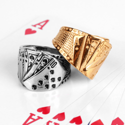 playing cards ring. joker ring. stainless steel. ace signet. deck of cards. flush royal.