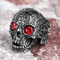 red eyes skull ring. stainless steel signet.