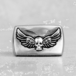 winged skull ring. men's signet ring. stainless steel.