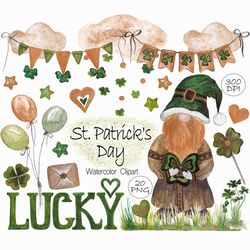 watercolor st patrick's day clip art, cute gnome clipart, shamrock, clover, lucky png, irish sublimation graphics