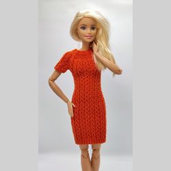 orange dress with short sleeves for barbie doll. clothes for barbie doll. outfit for barbie doll.