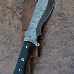 damascus steel blade, survival knife, micarta handle with leather sheath