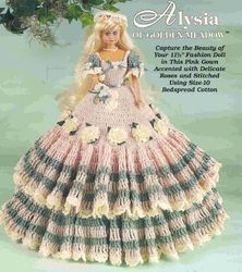 crochet pattern pdf-fashion doll barbie- pink gown accented with delicate roses -vintage pattern-doll dress pattern