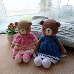 pattern crochet bear doll in crochet dress and booties. pdf amigurumi bear girl. tutorial crochet bear.