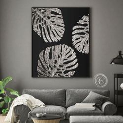 silver monstera leaves painting black and silver abstract wall art | modern wall decor botanical original artwork