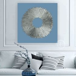 silver and blue abstract painting original wall art textured artwork silver living room decor | above couch wall art