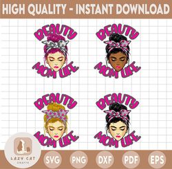 beauty messy bun mom life sublimation, leopard bandana momlife png, cute girl clip art design