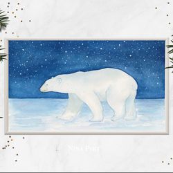 polar bear painting wall art original watercolor painting night sky winter landscape