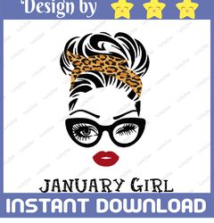 january girl svg, woman with glasses svg, girl with leopard plaid bandana design