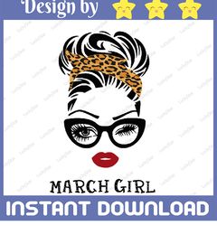 march girl svg, woman with glasses svg, girl with leopard plaid bandana design, march svg, png sublimation