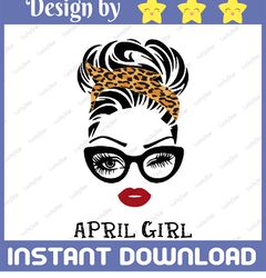 april girl svg, woman with glasses svg, girl with leopard plaid bandana design, april svg, png sublimation