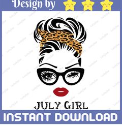 july girl svg, woman with glasses svg, girl with leopard plaid bandana design, july svg, png sublimation