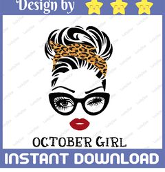october girl svg, woman with glasses svg, girl with leopard plaid bandana design, october svg, png sublimation
