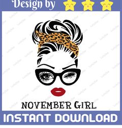 november girl svg, woman with glasses svg, girl with leopard plaid bandana design, november svg, png