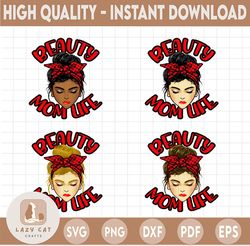 red tone beauty messy bun mom life sublimation, plaid bandana momlife png, cute girl clip art design