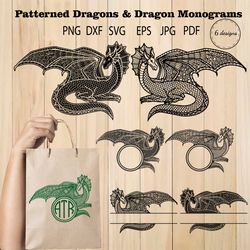 dragon svg, dragon clipart, patterned dragon svg, dragon zentangle art