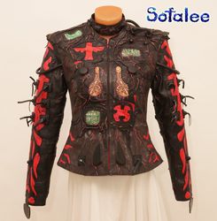 Women's genuine leather jacket Red Black Violet color . Exclusive Handmade Leather clothing by Sofalee. Cyberpunk style.