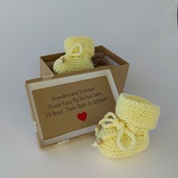 pregnancy reveal to grandparents, newborn shoes, pregnancy announcement box, knit baby booties, yellow baby booties