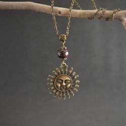 garnet sun necklace bronze sun natural garnet pendant necklace gemstone jewelry