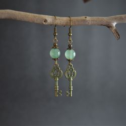 green aventurine key earrings gemstone patina bronze vintage style earrings