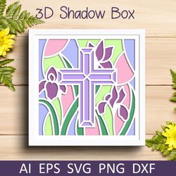 cross with iris flowers shadow box, 3d layered template for cricut