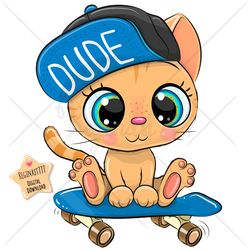 cute cartoon kitty png, skate, cap, clipart, sublimation design, children illustration, digital clip art